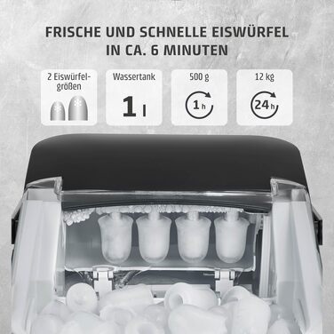 Льодогенератор Caso IceChef Compact: швидке виробництво льоду (12 кг/24 год), самоочищення, 1л резервуар, з лопаткою