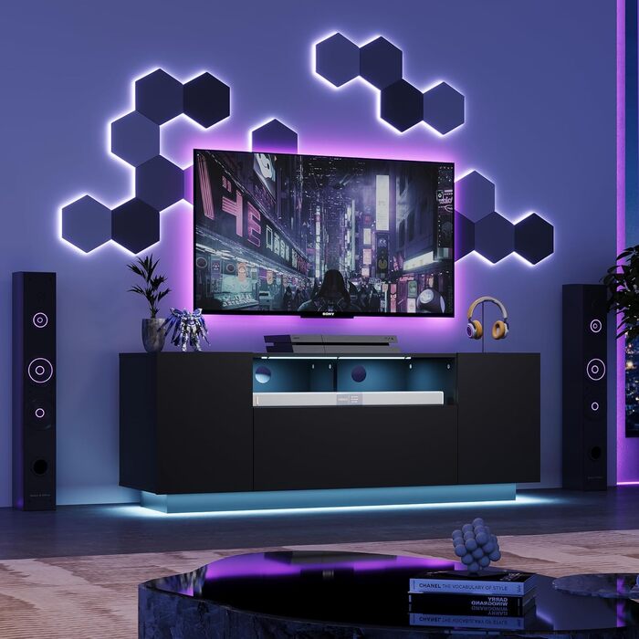 Тумба під телевізор WLIVE Schwarz 122x36x45 см, чорна глянцева з LED-підсвіткою та шафами