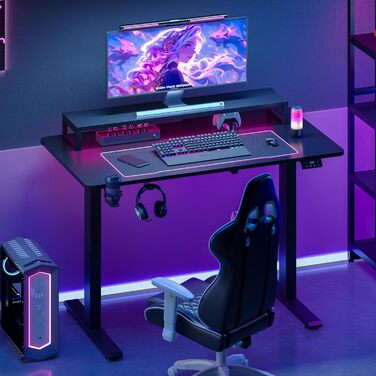 SANODESK електричний регульований стіл 110x60 см, ігровий стіл з цілісною стільницею, пам'ять положень, чорний