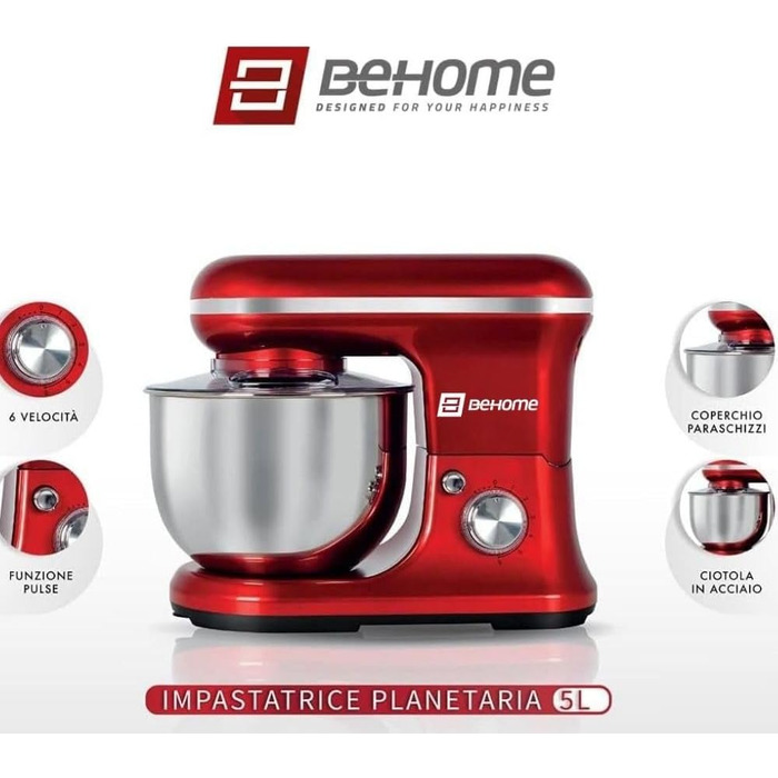 Кухонний комбайн-тістоміс BEHOME 5л 1200Вт, планетарний міксер з 6 швидкостями, пульс-функцією та чашею з нержавіючої сталі, червоний