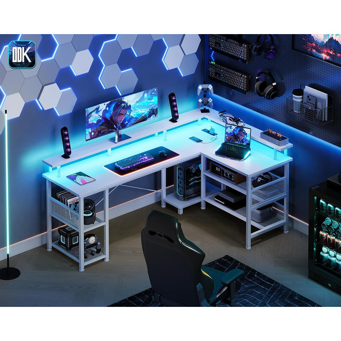Ігровий кутовий стіл ODK з LED-підсвіткою та USB-портом, 150×102 см, білий, стільниця з вуглецевого волокна