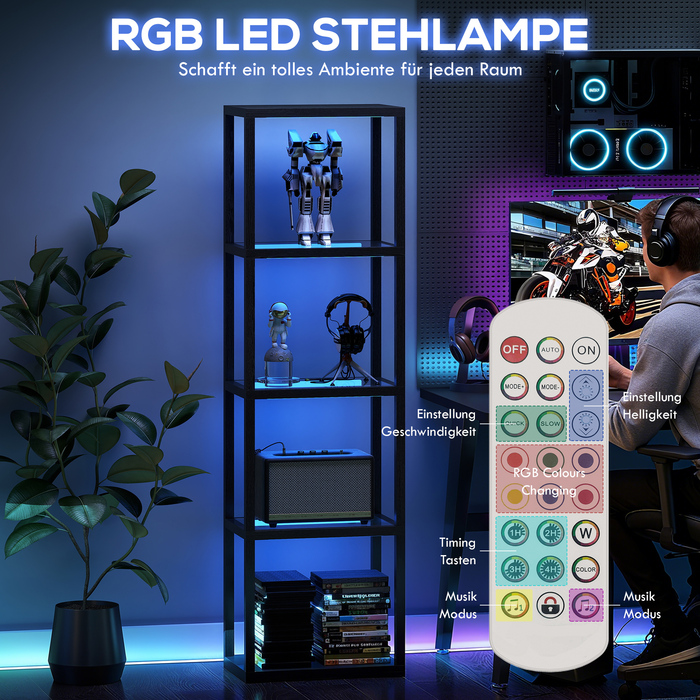 Стійка лампа HOMCOM з RGB підсвічуванням та скляними полицями, 4-рівнева LED-стійка лампа з пультом дистанційного керування, синхронізація з музикою, чорного кольору