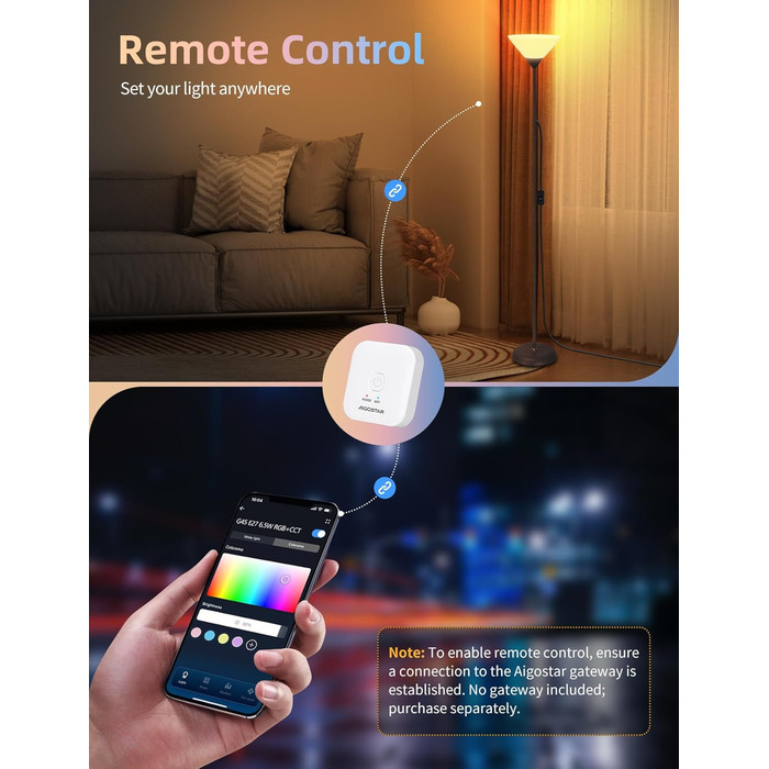 LED торшер Aigostar для вітальні та спальні, з Bluetooth Mesh G45 E27 6.5W лампою, димером, RGB та 2700K-6500K, з пультом, сумісний з Alexa