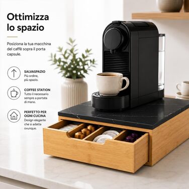 Держак для кавових капсул BAKAJI з шухлядою з бамбукового дерева для Nespresso, Dolce Gusto, Modomio, Lavazza, чайних пакетів та цукру, чорний (31,5 x 30 x 10 см)