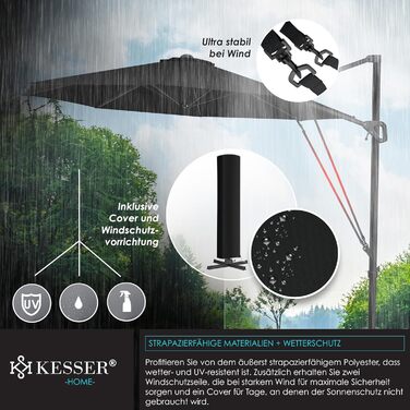 Сонячна парасоля KESSER® XL 330 см, кругла, з чохлом, вітрозахистом, 7-позиційне регулювання, нахил, обертання 360°, з ручкою, UV50+, чорна для саду