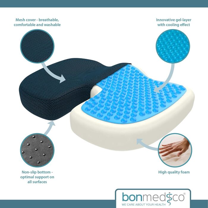 Ортопедична подушка для сидіння Bonmedico з Memory Foam та гелевим наповнювачем - для автомобіля, офісного крісла та інвалідного візка. Великий розмір (Блакитний)