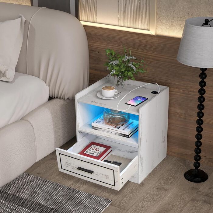 Тумба приліжкова GIANTEX з LED підсвіткою, 3 кольори, 2 шт, сенсор руху, USB та Type-C зарядка, біла