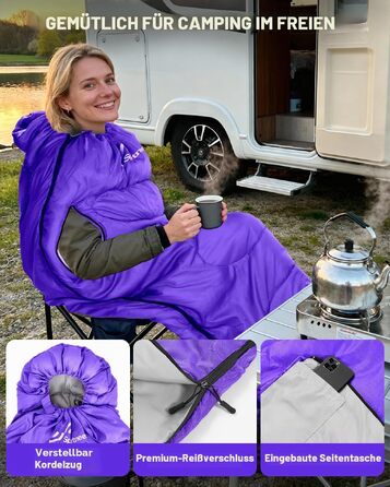 Спальний мішок Sportneer Outdoor у формі ковдри 220×85 см, з отворами для рук, вага 1.5 кг (фіолетовий, температурний режим +10...+26 °C)