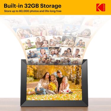 Цифровий фоторамка Kodak 10.1 дюймів з Wi-Fi, HD IPS-сенсорний екран, 32 ГБ пам'яті, автоматичне обертання зображень, можливість ділитися фото та відео через додаток, чорний
