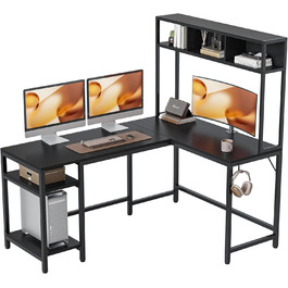 Кутовий комп'ютерний стіл CubiCubi 150x120 см з полицею, чорний, для дому та офісу, геймерський стіл з високим стелажем
