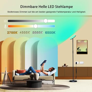 LED RGB торшер 36W 3000Лм з димуванням, кольоровою зміною, пультом і сенсорним керуванням, сучасний світильник для вітальні, спальні, офісу