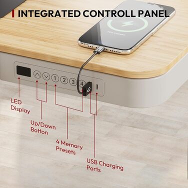 Електричний регульований стіл Sanodesk з ящиком, сенсорним керуванням та USB-портами, 120 x 60 см, білий стіл та рама, білий + білий (Ahorn + білий, 120 x 60 x (73.5-118) см)