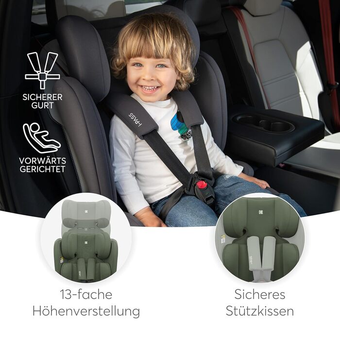 Автокрісло KikkaBoo i-PASS 9-36 кг, i-Size, Армійський зелений, для дітей 1-12 років (76-150 см), з регульованим підголівником
