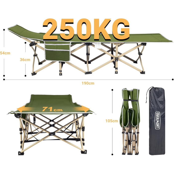 Складне польове ліжко Overmont 190x71x36 см, до 250 кг, 2400D Оксфорд, з бічною кишенею і сумкою, для кемпінгу, саду та офісу
