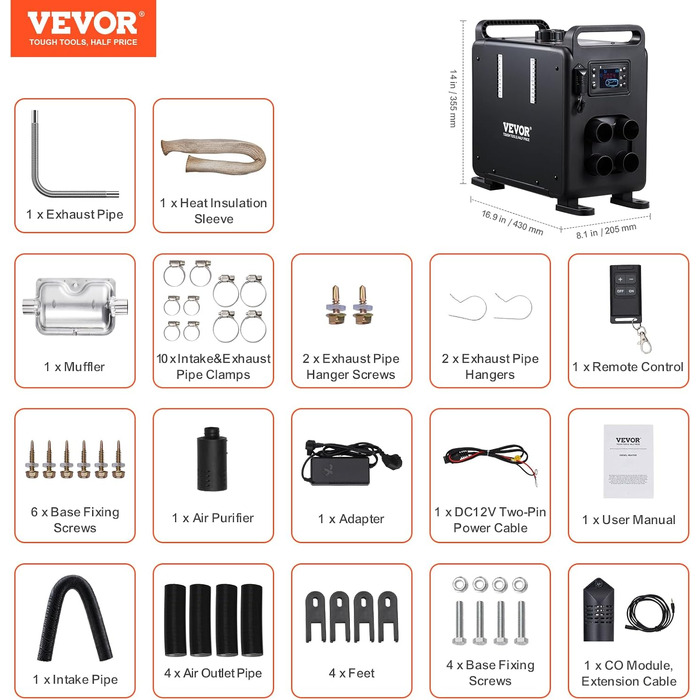 Автономний дизельний обігрівач повітря VEVOR 8 кВт 12/24В з Bluetooth, пультом керування та CO-датчиком, портативний