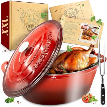 Каструля-гусятниця KRUSTENZAUBER 37,5 см з кришкою, чавунна, 10 л, для духовки та індукції, овальна, з м'ясною виделкою
