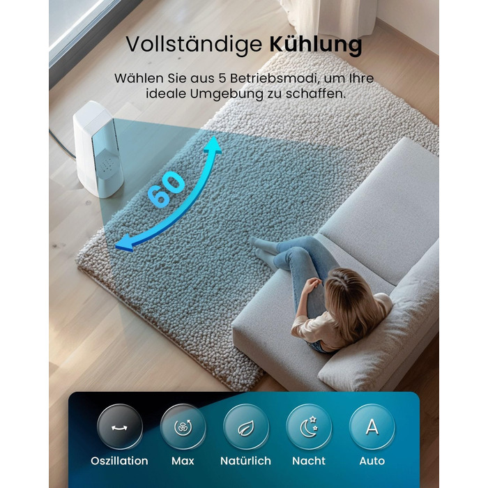 Вентилятор без лопатей Pro Breeze 101 см з LED дисплеєм, 6 швидкостей, 5 режимів, авто-коливання 60°, таймер 7 годин, управління через додаток та пульт, білий