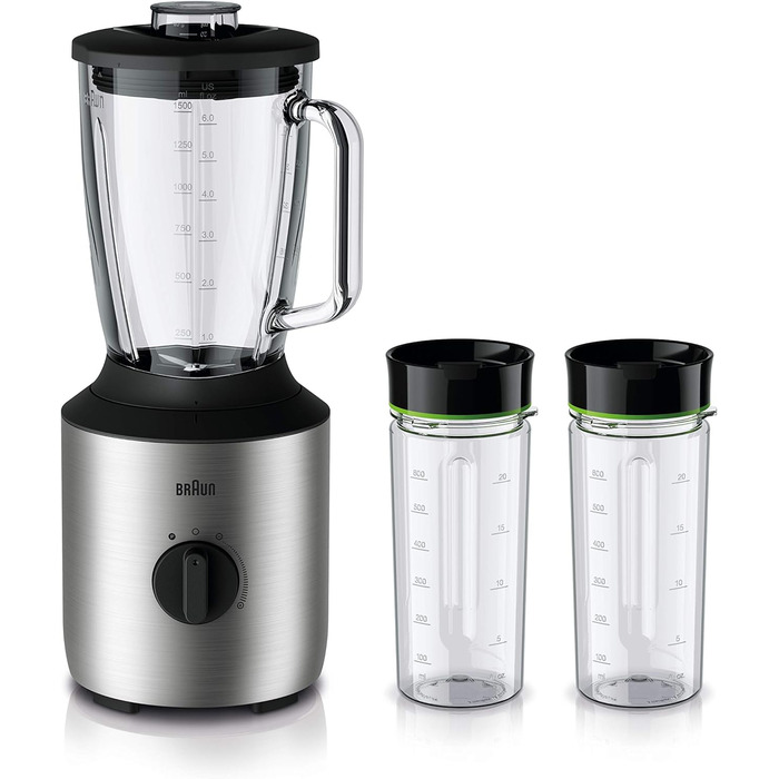 Блендер Braun PowerBlend 3 JB 3272, 1,5 л, скляна чаша, 800 Вт, нерж. сталь/чорний, з 2 пляшками Smoothie2Go, кухонний міксер для подрібнення, пюрування та змішування