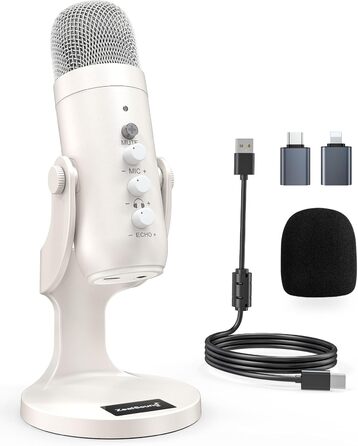 ZealSound USB мікрофон K66 перламутрово-білий, конденсаторний мікрофон для ПК, смартфонів, PS4, PS5, USB-C, для ігор, подкастів, запису, стрімінгу, зі стумом, регулюванням гейну та ефектом ехо, сумісний з Mac, Windows
