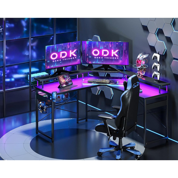 Ігровий стіл ODK 129x129 см з LED підсвічуванням, 2 розетки та USB зарядкою, стіл для ПК, комп'ютерний стіл, колір: чорний вуглеволокно