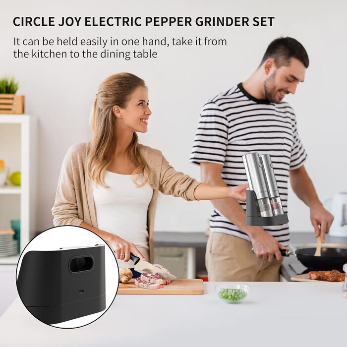 Електрична набірна млинниця для солі та перцю CIRCLE JOY, 2 шт, з нержавіючої сталі, з подвійною зарядною станцією, щіткою, білим LED-підсвічуванням і регулюванням помолу