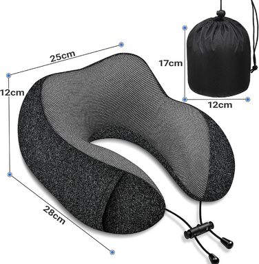 Подорожня подушка під шию з ефектом пам'яті (Memory Foam) для літака та авто, чорна, з 3D-маскою для сну та берушами