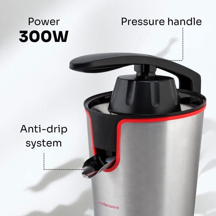 Соковижималка електрична Mellerware Juicy! 300W з системою Anti-Drop, 2 фільтри, для апельсинового соку (червона)