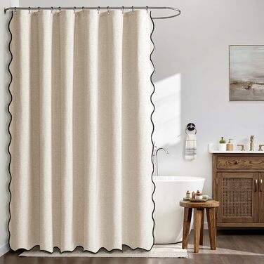 Шторка для душу MIULEE 120x200 см, льонова текстура, бежева, з чорною окантовкою, водонепроникна, антигрибкова, з 8 кільцями, для ванної кімнати