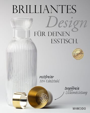 Графін для води MAMEIDO з носиком та ситом, 1.5 л, рифльоване кришталеве скло, Crystal Gold
