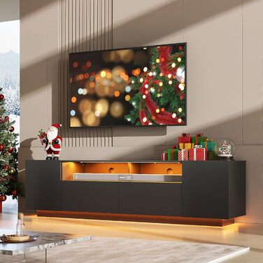 Тумба під телевізор WLIVE з LED-підсвіткою, глянцева, чорна, 170x36x45 см - шафа для ТВ з полицями та дверцятами