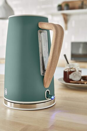Електрочайник Swan Nordic Ultra 1,7 л, 2200 Вт, бездротовий, з дерев'яною ручкою, автоматичне вимкнення, зелений, сучасний дизайн