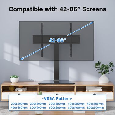 Поворотна підставка для телевізора BONTEC 42-86" з регулюванням висоти, для LCD/LED/OLED, плоских і вигнутих, із загартованого скла, макс. навантаження 50 кг, VESA 800x600