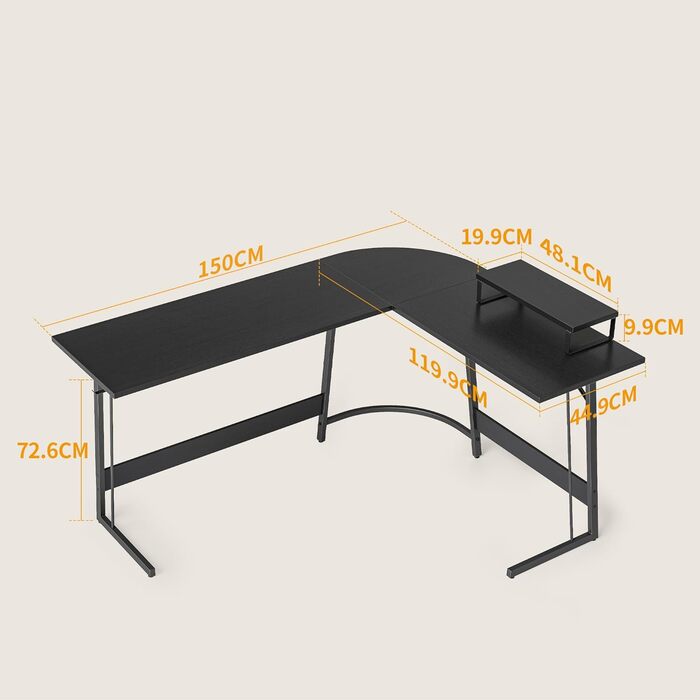 Ігровий стіл CubiCubi L-подібний 150x120 см, кутовий комп'ютерний стіл з підставкою для монітора, для геймерів, простий монтаж, чорний