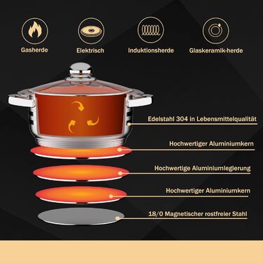 Набір каструль Homelux з нержавіючої сталі, 10 предметів, для індукційних та всіх типів плит, з скляними кришками, придатний для посудомийної машини