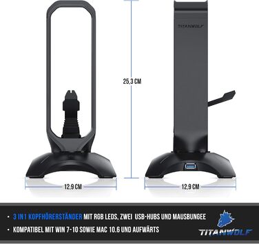 Підставка для ігрових навушників Titanwolf з LED підсвіткою, USB-хабом 2x USB 3.2 Gen1, мишебанджі, 6 RGB кольорів, зміна підсвітки