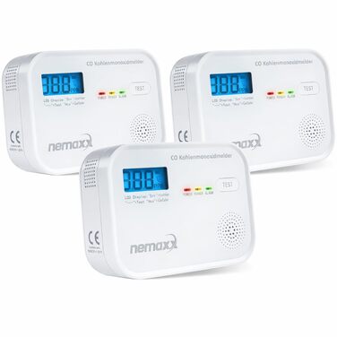 Детектор чадного газу NEMAXX® CM18 з LCD-дисплеєм, електрохімічний сенсор, 85 дБ, стандарт EN 50291-1:2018, термін служби 10 років (набір 3 шт.)