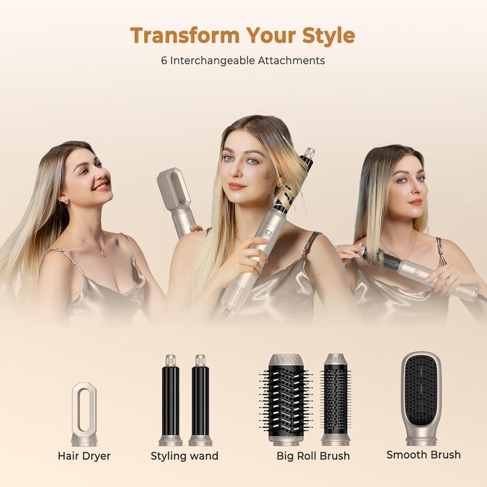 UKLISS Hairstyler 6 в 1: Професійний набір для укладки волосся (фен-щітка, плойка, випрямляч) 1000W, срібно-золотий