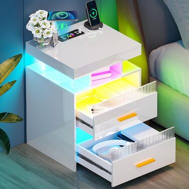 Нічний столик Lvifur з LED-підсвічуванням, сенсором руху та USB/Type-C зарядкою, 2 висувні ящики, бездротова зарядка, 3 кольори, регулювання яскравості, чорний колір