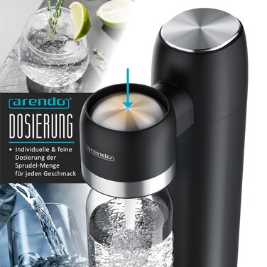 Сифон для газування води Arendo Soda Maker: набір з пляшкою 1000 мл (BPA-free) та сталевою пляшкою 1000 мл, сумісність з 60 л CO2 циліндрами, чорний