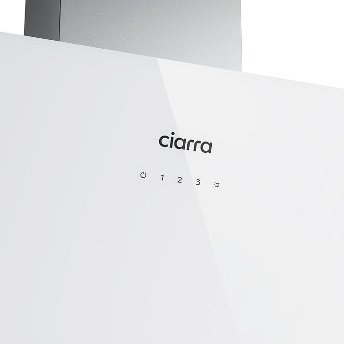 Похила витяжка для кухні CIARRA CBCS6765C 60 см, сталь та скло, білий/сріблястий, 580 м³/год, з вугільним фільтром CBCF055, сенсорне керування, настінний монтаж, клас A+