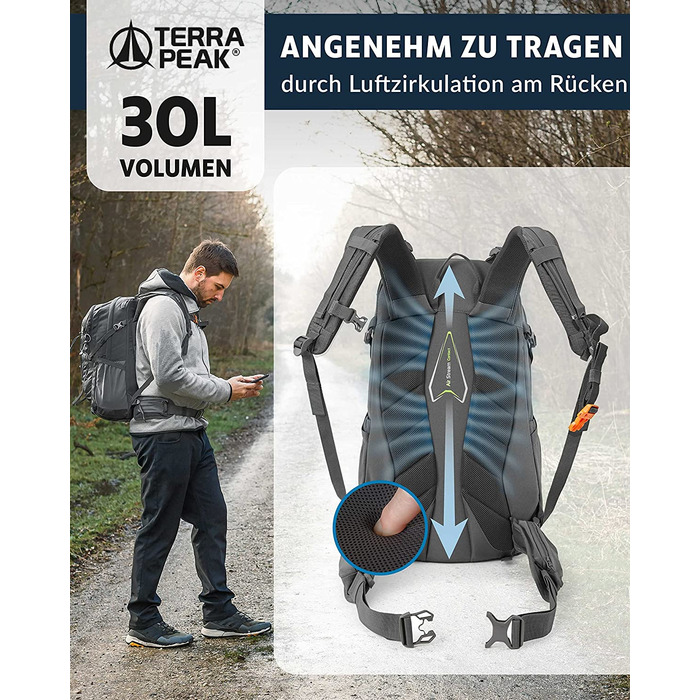Туристичний рюкзак Terra Peak Flex 30L з вентиляцією спини, регочохлом і тримачем для питної системи – середній трекінговий рюкзак із 3D Air Mesh для походів, з поясним ременем