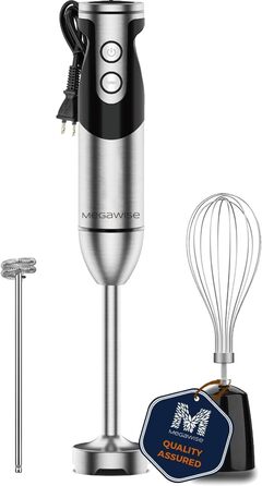 Занурювальний блендер MegaWise Pro Titanium 3-в-1, потужний мотор, 12 швидкостей, титанові леза, вінчик та спінювач для молока, чорний