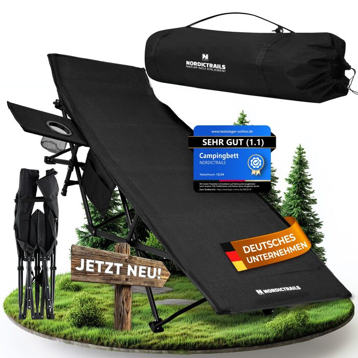 Розкладне кемпінгове ліжко NORDICTRAILS XXL з м'яким матрацом, чорне (190 x 70 см) — зручне ліжко для відпочинку на природі, риболовлі та гостей