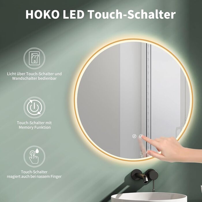 Дзеркало для ванної кімнати HOKO Design Riga, діаметр 60 см, кругле, з металевим каркасом, LED-підсвічування, сенсорне управління, регулювання кольору світла (тепле/холодне/нейтральне), антизапарник, золото