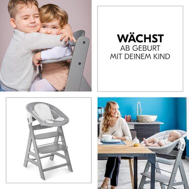 Дитячий стільчик Hauck Alpha+ Newborn Set з 2в1 гойдалкою - регульований дерев'яний стільчик для годування з народження, з подушкою та гойдалкою для новонароджених (Classic, Сірий)