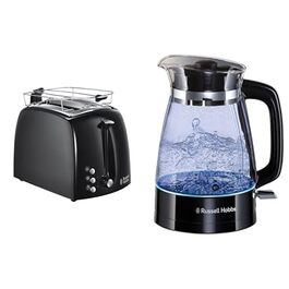 Тостер Russell Hobbs Textures+ (2 широкі слоти, підставка для булочок, 850 Вт, чорний) + Електричний чайник скляний Russell Hobbs Classic (1.7 л, 2400 Вт)