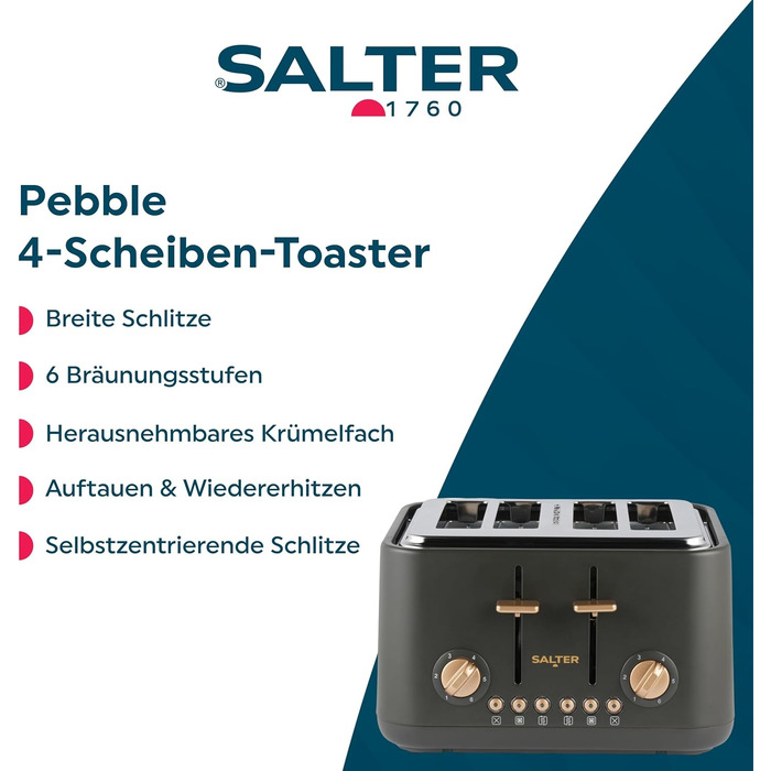 Тостер SALTER Pebble на 4 тости, чорно-сірий: розширені слоти, 6 режимів підсмажування, розморожування, підігрів, функція скасування