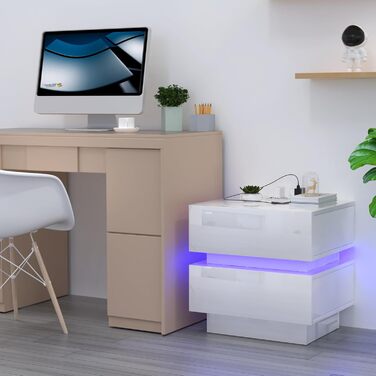 Нічний столик з розеткою та LED-підсвіткою, з USB-зарядкою та 2 шухлядами (45x35x46 см, білий)