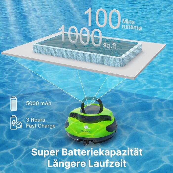 Робот-пилосос для басейну POOLPURE Piscina 5000mAh з автоматичною парковкою, LED дисплеєм, IPX8 водонепроникний, бездротовий (Зелений)