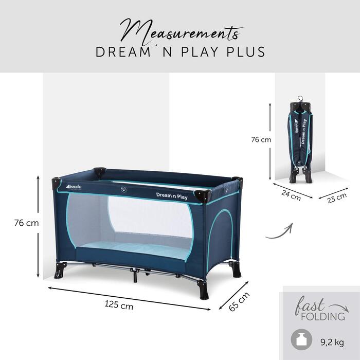 Дитяче дорожнє ліжечко Hauck Dream N Play Plus з сумкою для транспортування, складане, для немовлят і дітей до 15 кг, темно-синє/аква